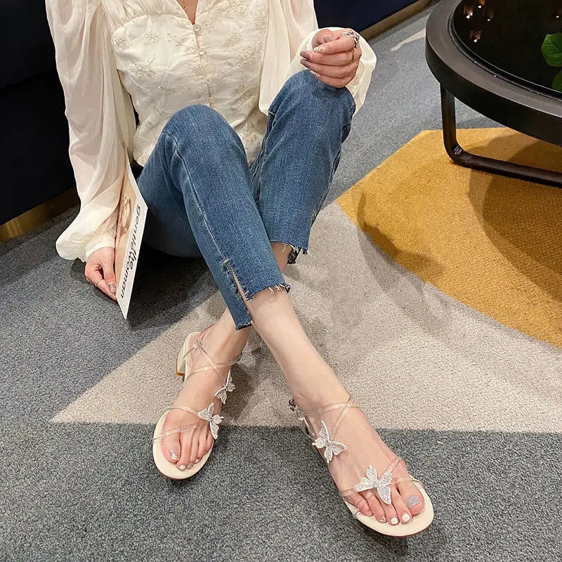 LBSFY  -Sandals for Women Clear Bow Party Weddings Transparent Woman Shoes Diamond with Low Heels Rhinestones Jelly Asian Size on Sale H