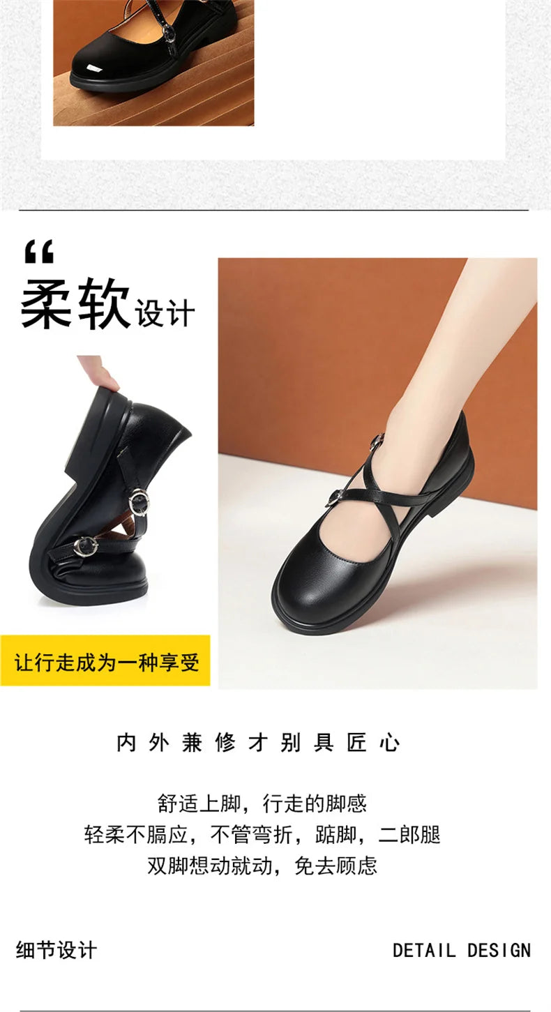 LBSFY -Spring Versatile Breathable Women Mary Jane Shoes Low Heel Buckle Strap Round Toe  Party Dance Soft Leather Single Shoes