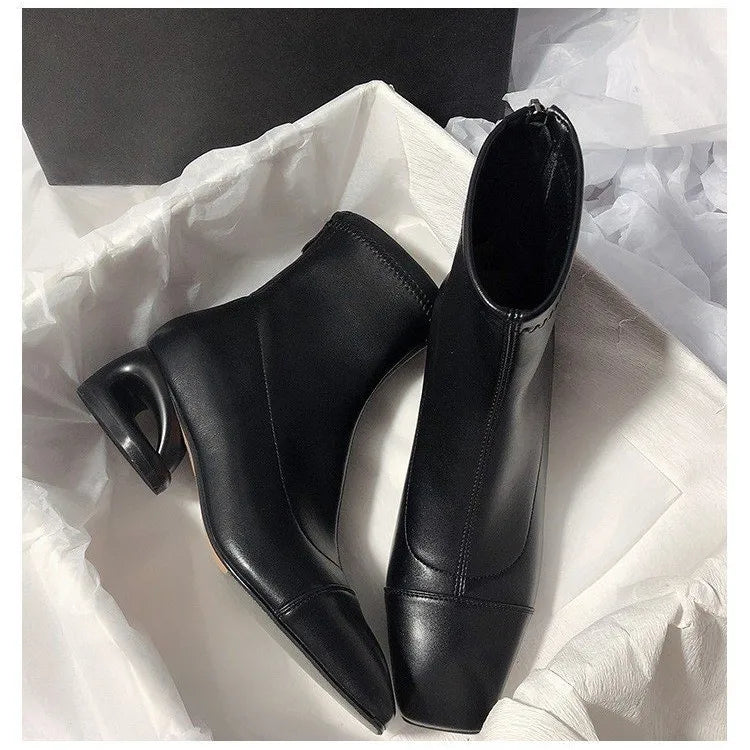 LBSFY -New Women's Metal Hollow Heel Iron Head Metal Pointed Toes Modern Short Boot for Women Winter Street Style Low Heel Boots Female