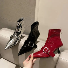LBSFY -Design Sexy Pointed Toe Belt Buckle Women Ankle Boots Thin Heels Patent Leather Autumn Zipper Party Shoes