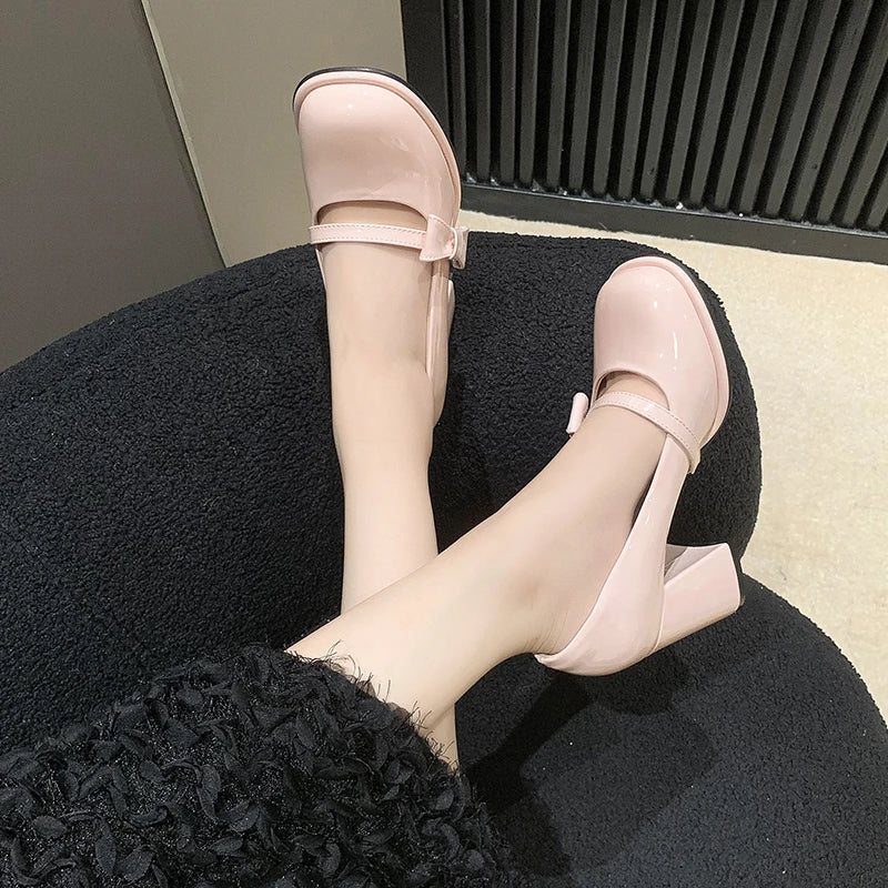 LBSFY  -    High Heels Mary Janes Women Cute Round Toe Patent Leather Pumps Woman Slip-On Square Heeled Bow Party Shoes Ladies