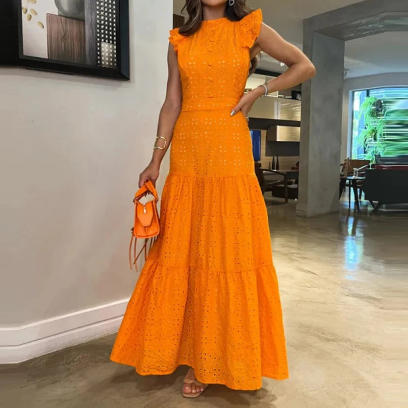 LBSFY  -  Women Casual Flying Sleeve Solid Maxi Dress Elegant Embroidery Hollow Out Long Dress Fashion Half High Collar Pleat Party Dress