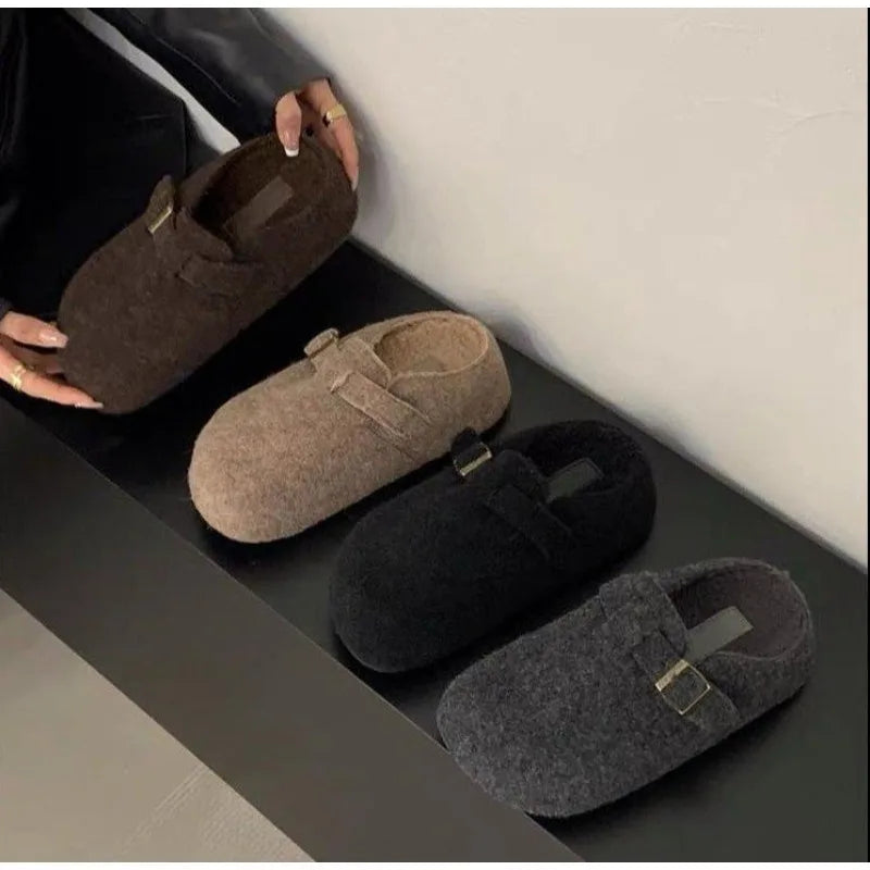 LBSFY -Fashion Women Slippers Mules Fur Women Shoes Winter Buckle Flats Platform Walking Plush Ladies Slides Casual Warm Indoor Boots