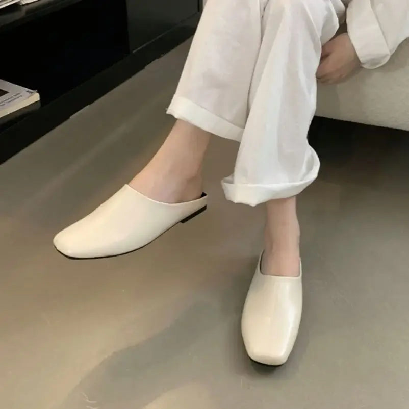 LBSFY - Autumn Women Flat Slipper Ladies Square Toe Slip On Ladies Casual Mules Shoes Flat Heel Outdoor Dress Sandal Shoes