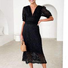 LBSFY  -  Women Elegant Puff Sleeve Solid Color Party Dress Fashion Hight Waist Slim Long Dress Sexy V-neck Lace Hollow Out Evening Dress