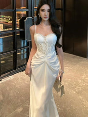 LBSFY -Spring Summer French Lace Spliced Mermaid Dress Elegant Solid strap Pleated Women's Dresses Evening Party Abend Kleider 2025 New