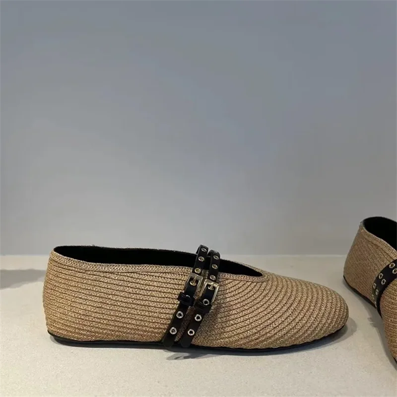Lbsfy Hand Knitting Buckle Strap Women Ballet Flats Shoes Solid Color Casual Women Mary Janes Shoes Breathable Round Toe Loafers