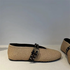 Lbsfy Hand Knitting Buckle Strap Women Ballet Flats Shoes Solid Color Casual Women Mary Janes Shoes Breathable Round Toe Loafers