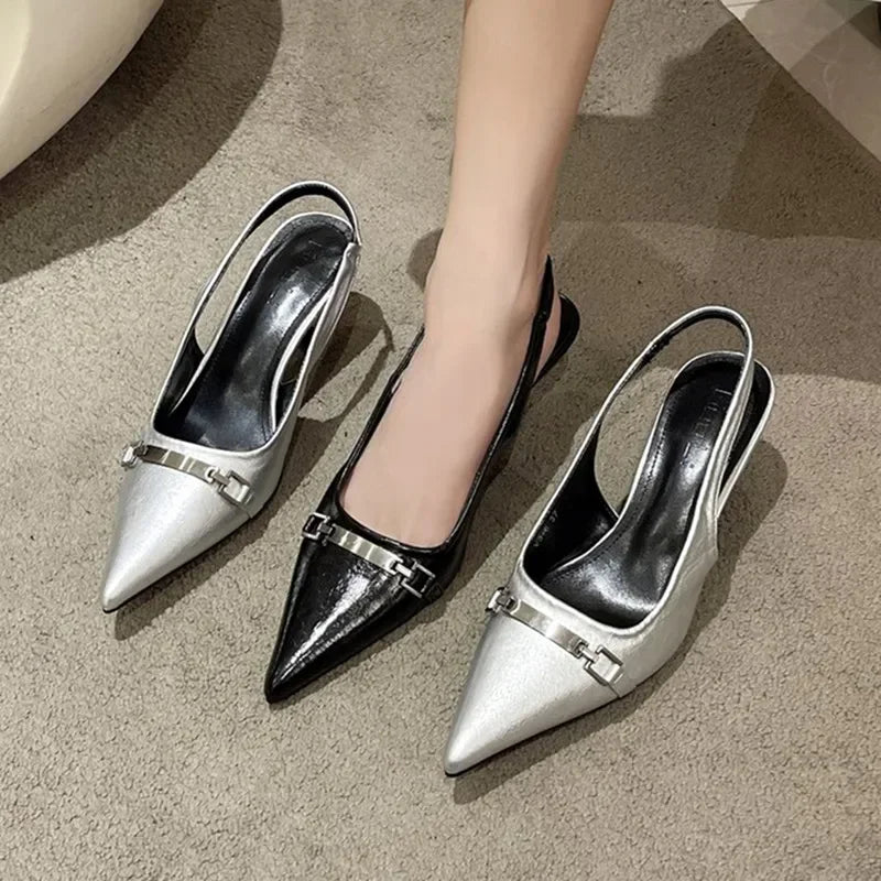 Lbsfy Mules Sandals Women Metal Decoration Pointed Low Heel Slingback Shoes Fashion Office High Heels Female Zapatos De Mujer