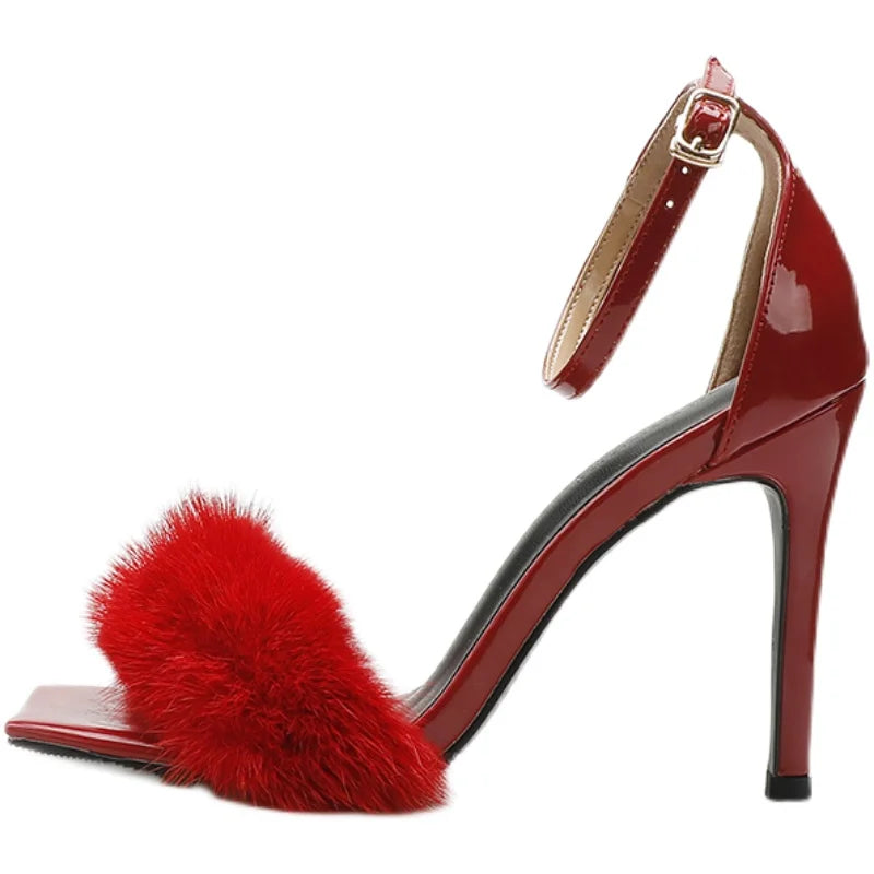 LBSFY  -  2024 Spring New One line with Hollow Open Toe Sexy Mink Hair Fairy Style High Heel Sandals for Women