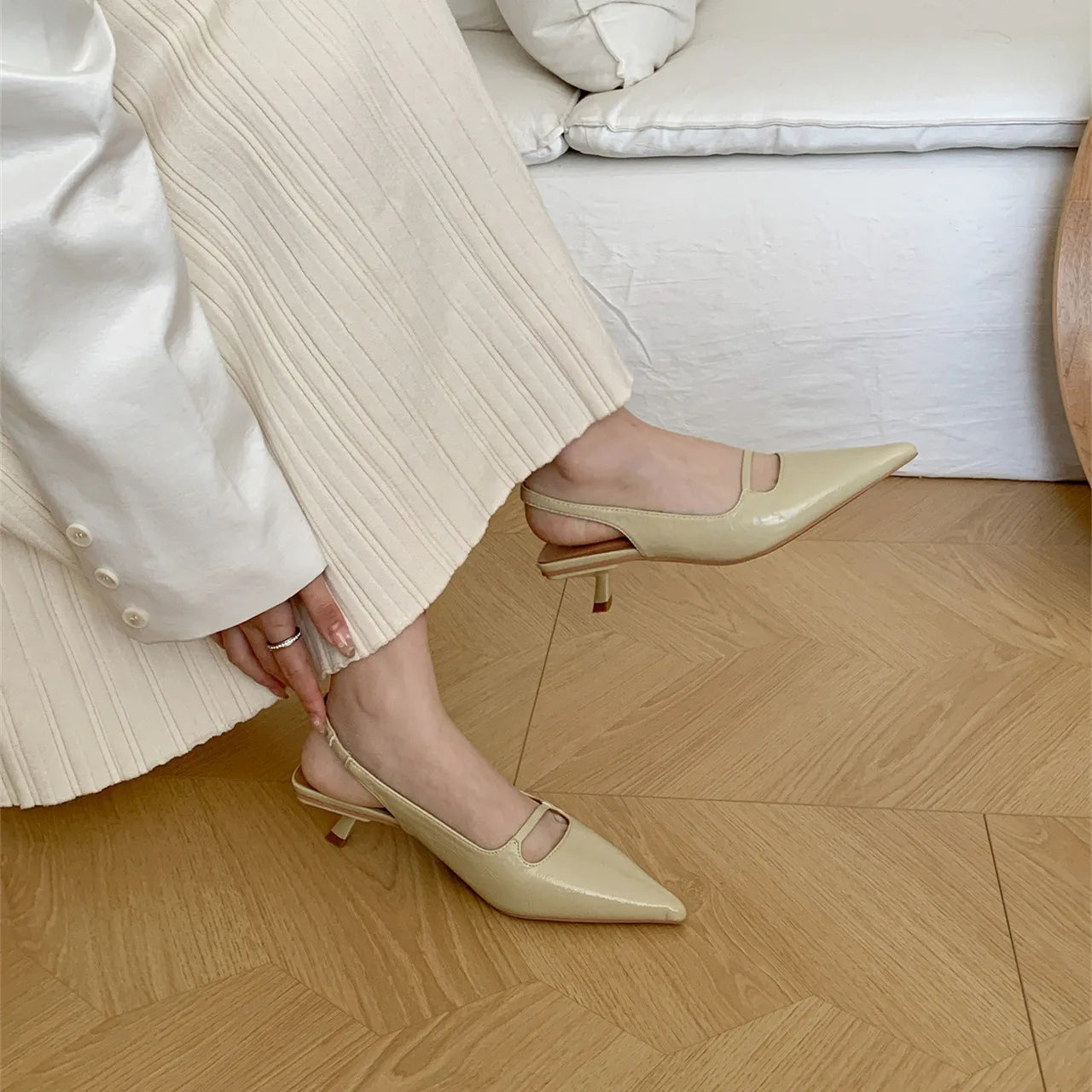 LBSFY -Brand Women Sandals Fashion Pointed Toe Shallow Slip On Slingback Shoes Thin Med Heel Outdoor Dress Shoes Mujer