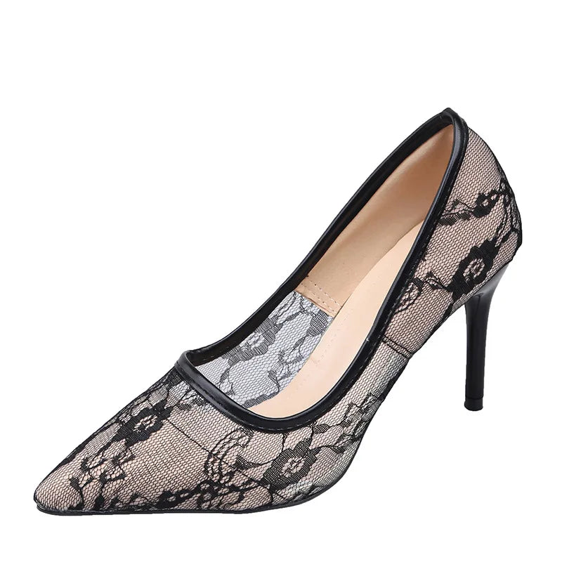 LBSFY  -  2024 Summer New Europe and The United States Sexy Slim High Heels for Women Slim Heel Shallow Mouth Pointed Lace Single Shoes