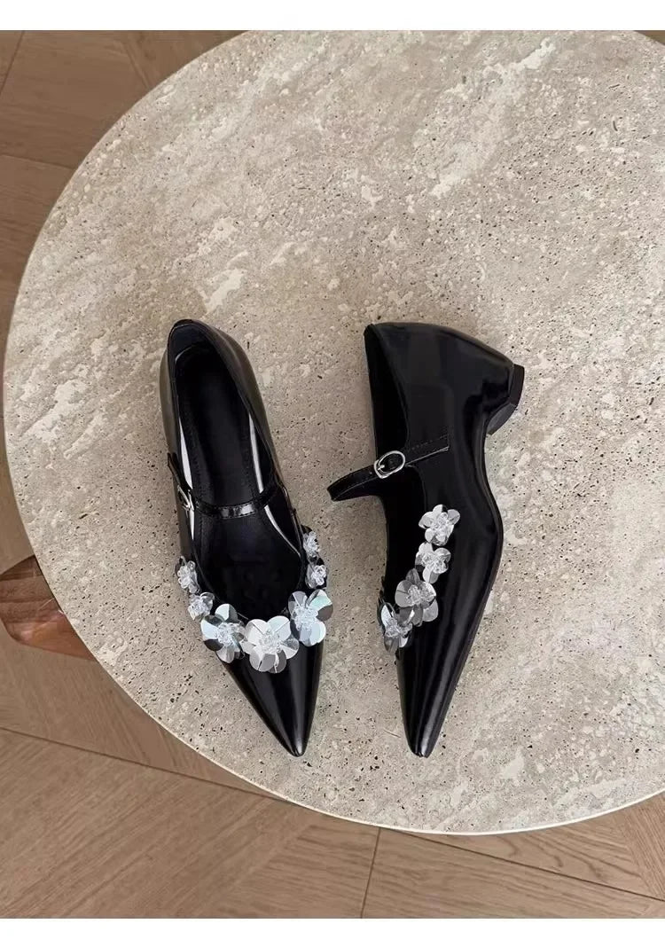 LBSFY -2025 New Style Japanese Bright Sequin Flower Embellished Mary Jane Women's Shoes French Style Increased Height Pointed Toe Singl