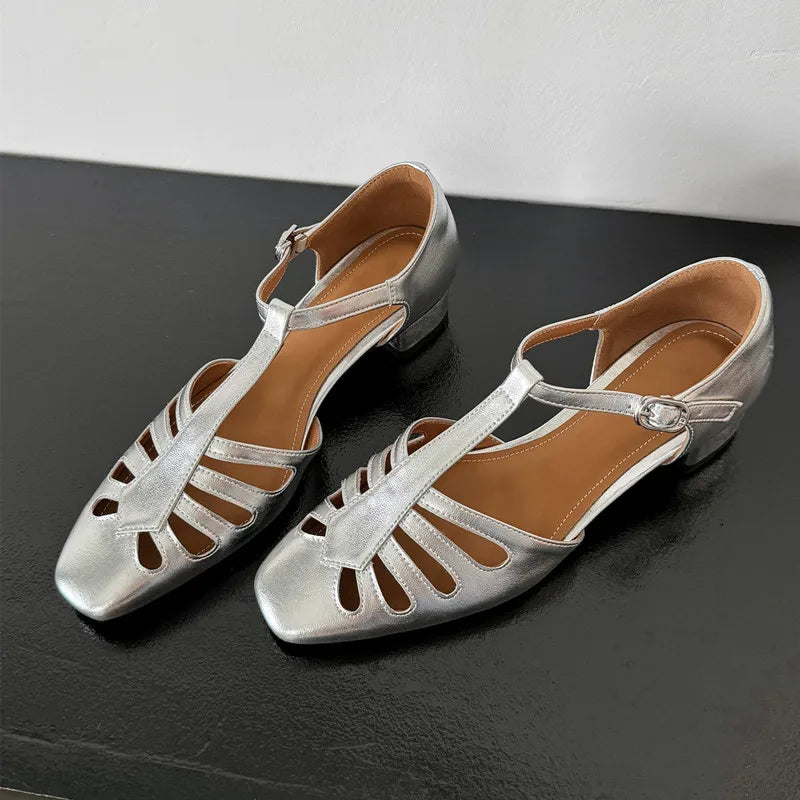 LBSFY  -  Fashion Sandals Women New High Quality Genuine Leather Retro Hollow T-shaped Roman Low Heel Sandals Summer Open Shoes