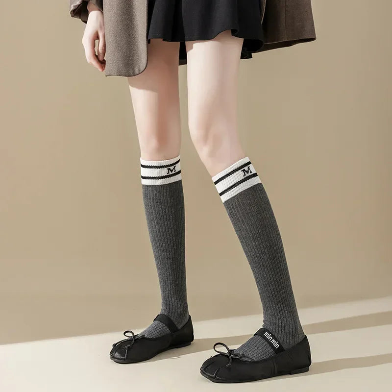 Lbsfy Cotton Women Stockings Japanese Style School Girls Long Socks Stocking Letter Embroidery Solid Color Black White Gray Knee Socks