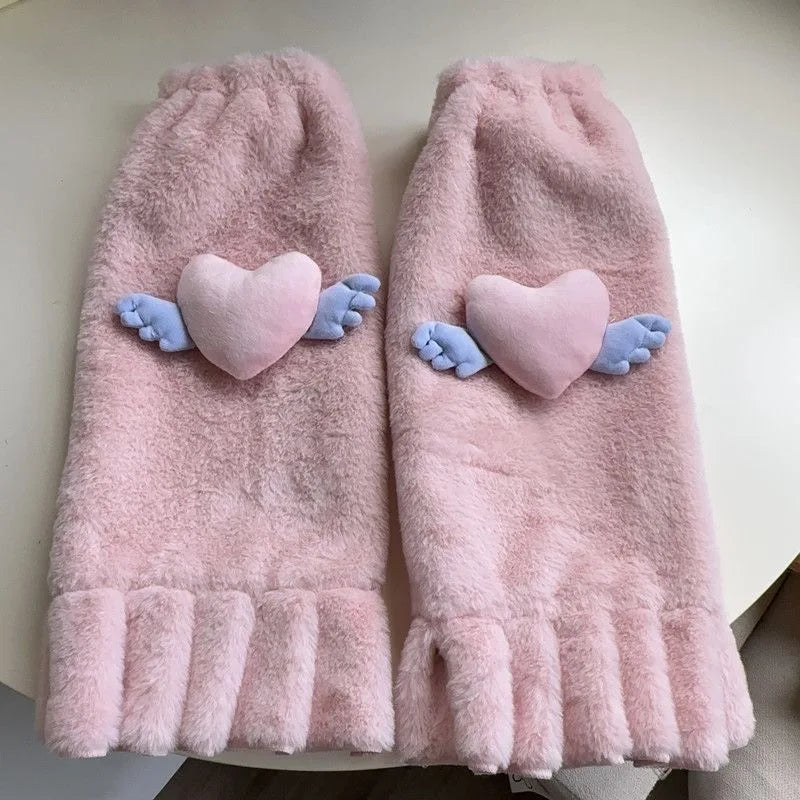 Lbsfy Kawaii Pink Love Heart Fur Leg Warmers Winter Y2K Sweet Leg Covers Rabbit Bow Plush Fur Warm Harajuku Boot Cuffs JK Lolita Sock
