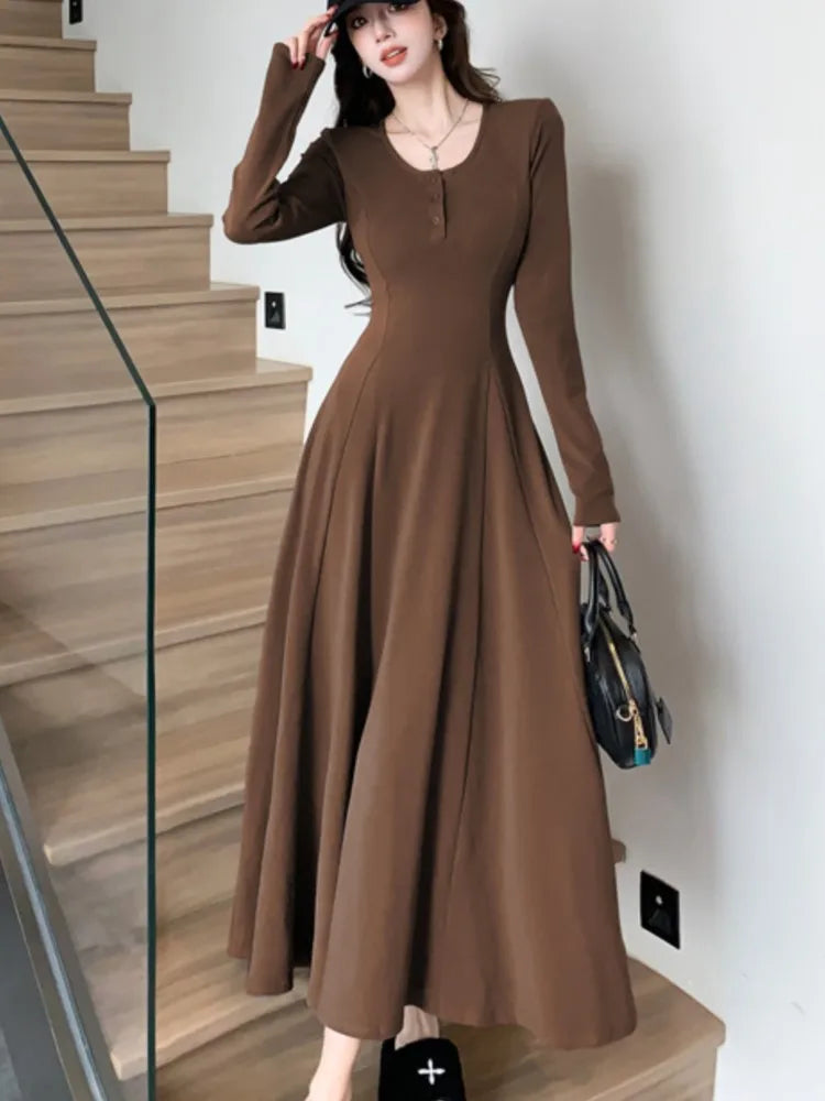 LBSFY -Women's Solid Maxi Dress Casual Korean Chic Long Sleeve U-Neck Slim Fit A-Line Autumn Sexy Prom Robe Vestidos Mujer New Clothes