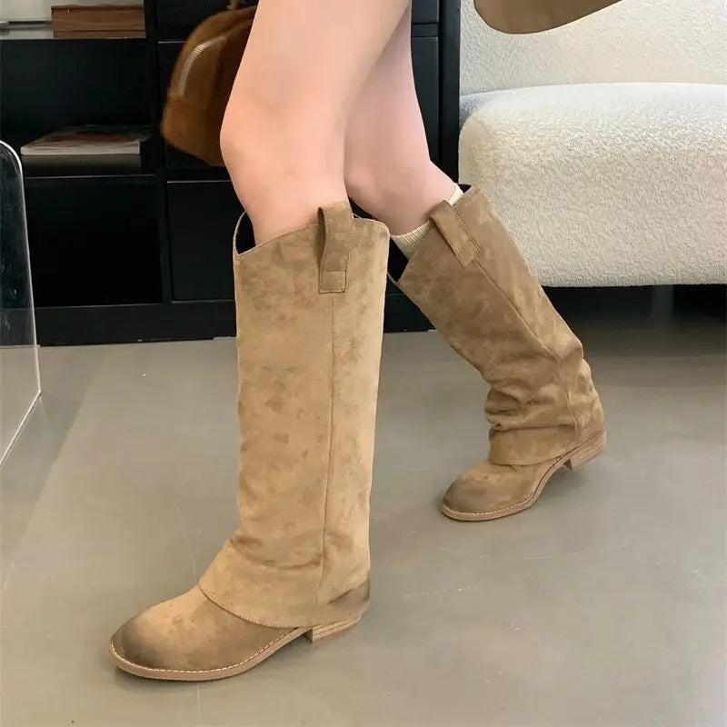 LBSFY  -   Knee High Boots Women Western Cowboy Shoes Block Heel Retro Cowgirl Long Boot
