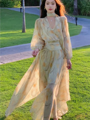 LBSFY -Elegant V-neck Puff Sleeve Yellow Floral Dress Y2K Women Chiffon Waist-fitted Slim Long Dresses Korean Femme Clothings Summer