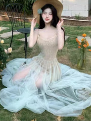 LBSFY -Summer Lace Mesh Elegant Spliced Sling Dresses For Woman 2025 Sexy Zipper New Fashion Evening Party Prom Long Dress 2025 Vestido