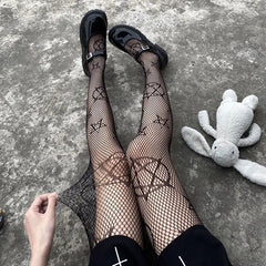 Lbsfy Lolita Girls Cute Pentacle Print Tights Women Sexy Gothic Punk Magical Five-Pointed Star Mesh Fish Net Pantyhose Body Stockings