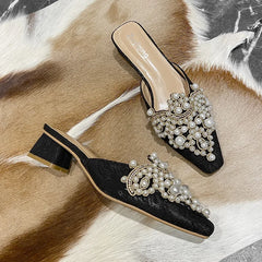 LBSFY -Pearl Half Slippers Women Shoe Autumn Rhinestone Chunky Mid Heel Slipper Sandals Fashion Muller Casual Versatile Single Shoes