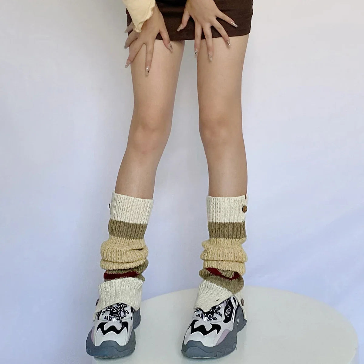 Lbsfy New Retro Leg Warmers Winter Button Opening American Y2K Harajuku Hot Girl Japanese Contrast Color Pile Knitted Wool Long Socks