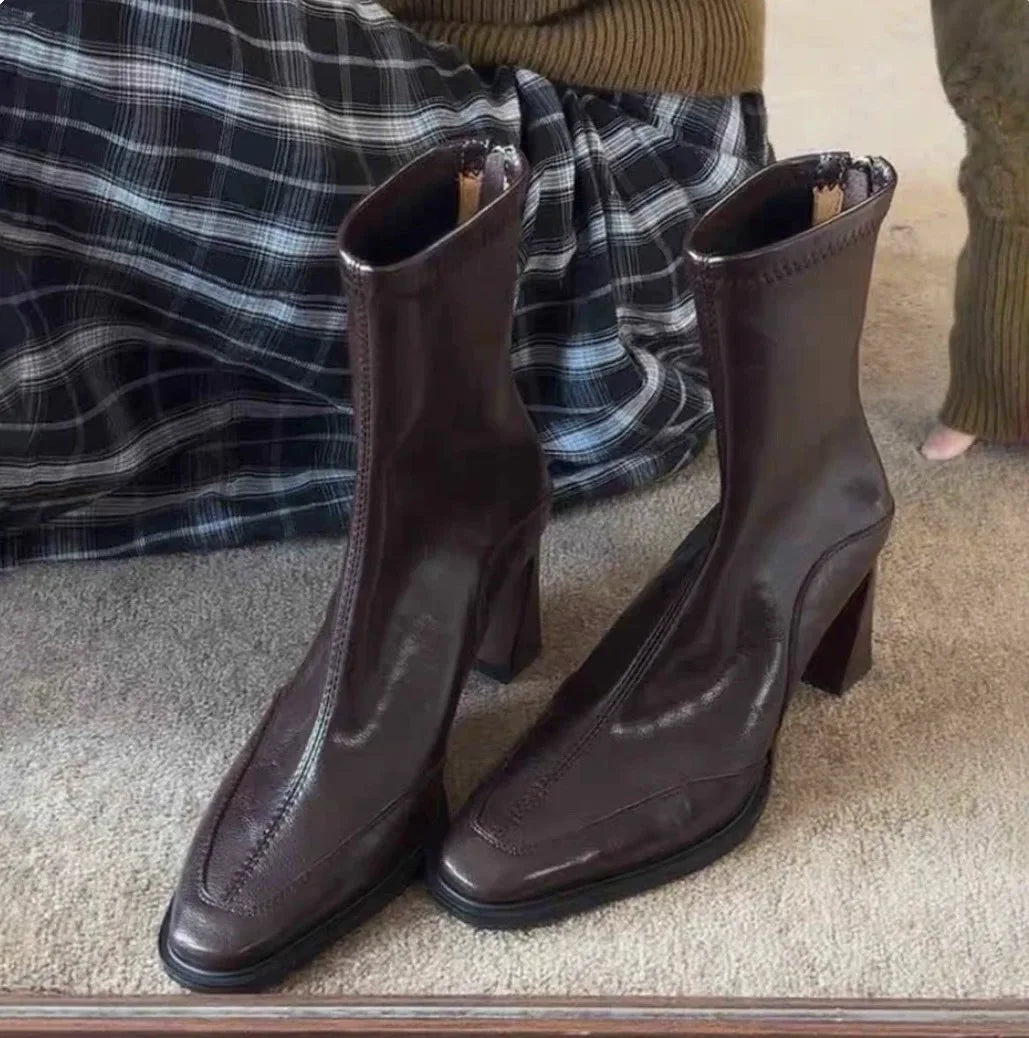 LBSFY -2025 Vintage High Heel Women Ankle Boots Fashion Square Toe Short Booties Autumn Winter Ladies Shoes Botas Mujer