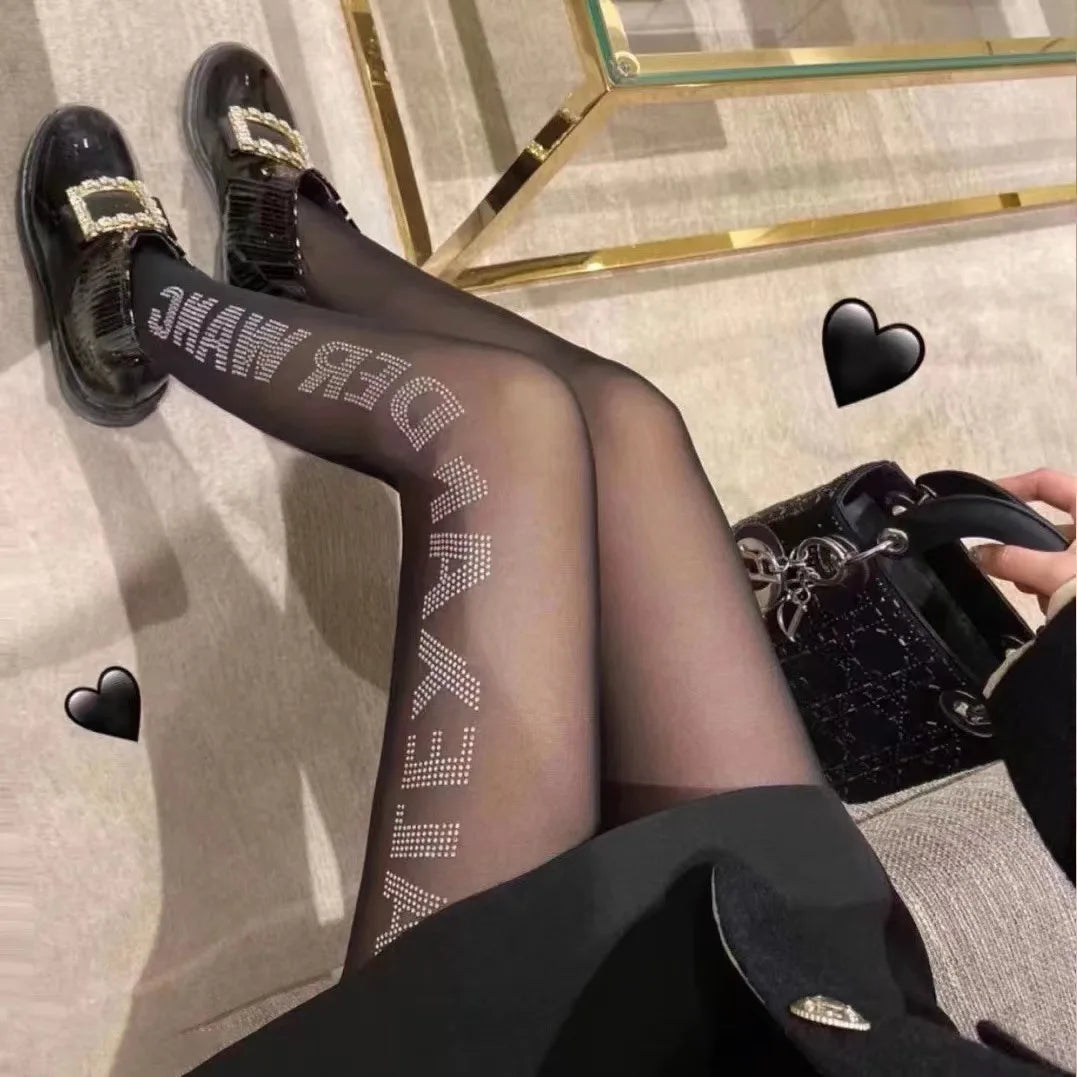 Lbsfy Women Japanese Letter Stockings Nightclub Party Accessories JK Sexy Diamonds Fishnet Underwear Pantyhose Printed Designer Tights