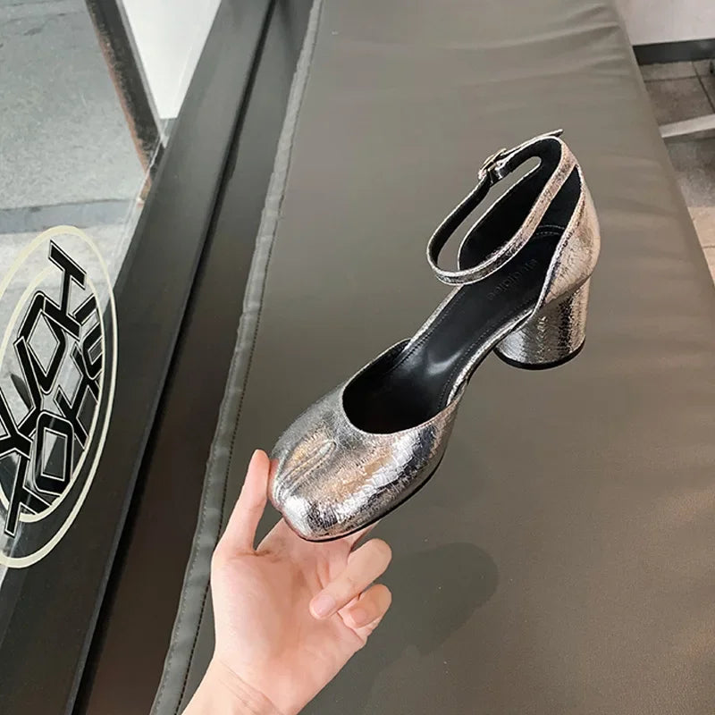 LBSFY  -  Mary Jane High Heels Women's New Thick Heels Silver Single Shoes Round Toe Shallow Toe Split Toe Pig Feet Shoes