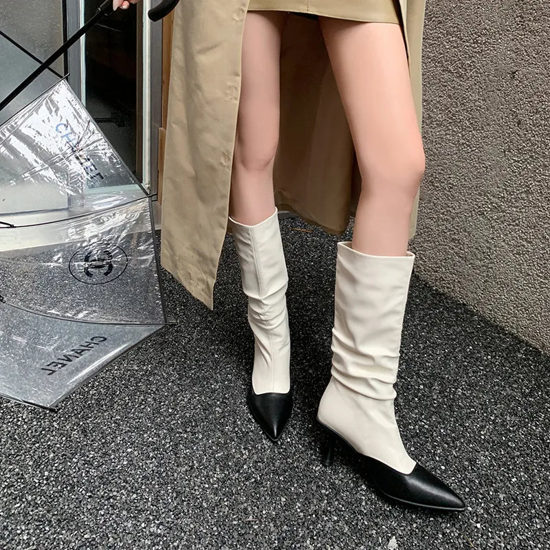LBSFY  -  Fashion Short Boots Women New High Quality Genuine Leather Boots Wrinkled Pointed High Heels Mid heeled Boots Calf Boots