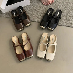 LBSFY -New Fashion Stylish Women's Square - Toe Metal  Capped Buckle Women's Strap Mules in Multiple Colors Large Size Zapatos Mujer