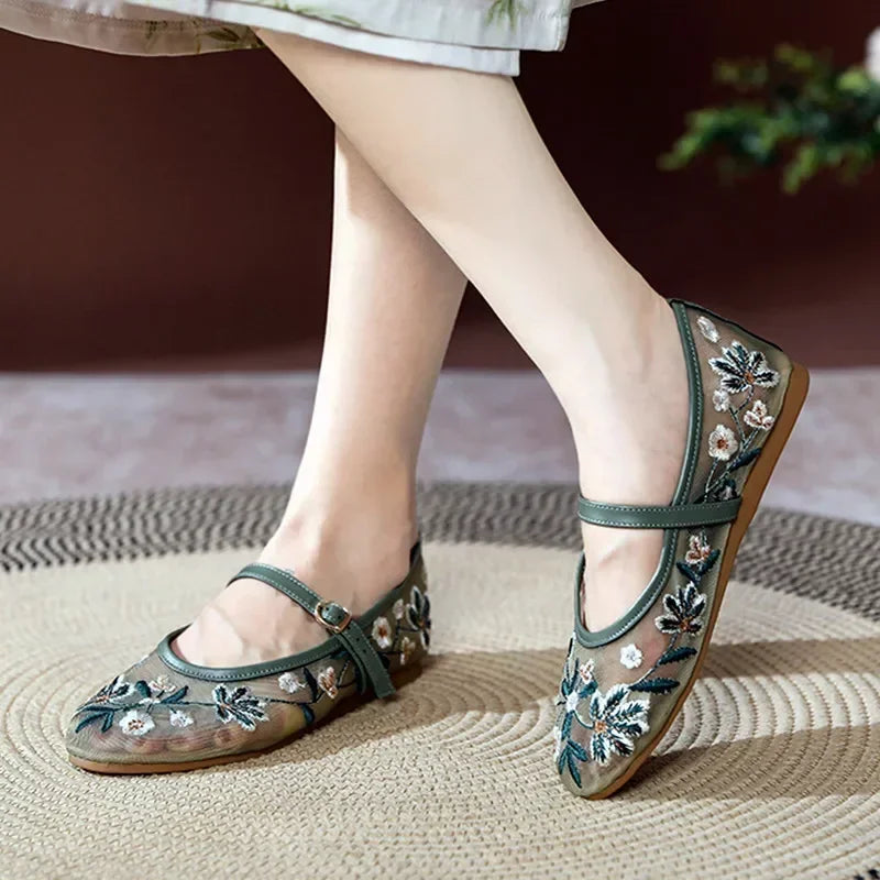 LBSFY  -  Fashion Handmade Embroidered Flowers Mary Jane Women Shoes Summer Mesh Breathable Light Non-slip Flats Belt Buckle Ballet Shoes