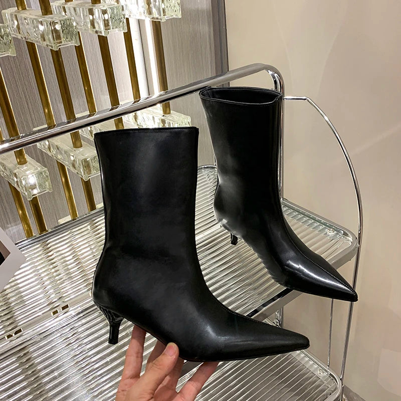 LBSFY -Sexy Pointed Toe High Heels Luxury Women High Boots 2025 Winter Designer Mid Calf Snow Boots Soft Leather Goth Botas Dress Pumps