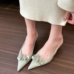 LBSFY -New Style Women's Spring Green Flower Pointed Elegant High Heels for Women Fashion Shallow Mouth Slingbacks Sandals Casual Pumps
