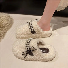 LBSFY  -  Shoes Woman 2024 Plush Slippers For Adults Platform Pantofle Low Cover Toe Butterfly-Knot String Bead Fur New Butterfly-knot Rom