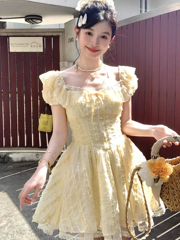 LBSFY -Y2K New Preppy Style Woman Mini Dress Sweet Yellow Lace Puff Sleeves Square-Collar A-Line Slim Waist Dresses French Elegant New
