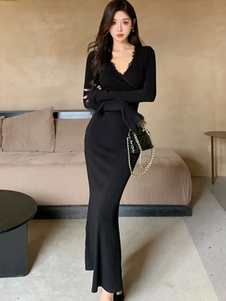 LBSFY -Elegant Black Mermaid Dresses for Women Autumn Winter Lace V-Neck Long Sleeve Party Dress High Waist Slim Fit Vestidos Mujer New