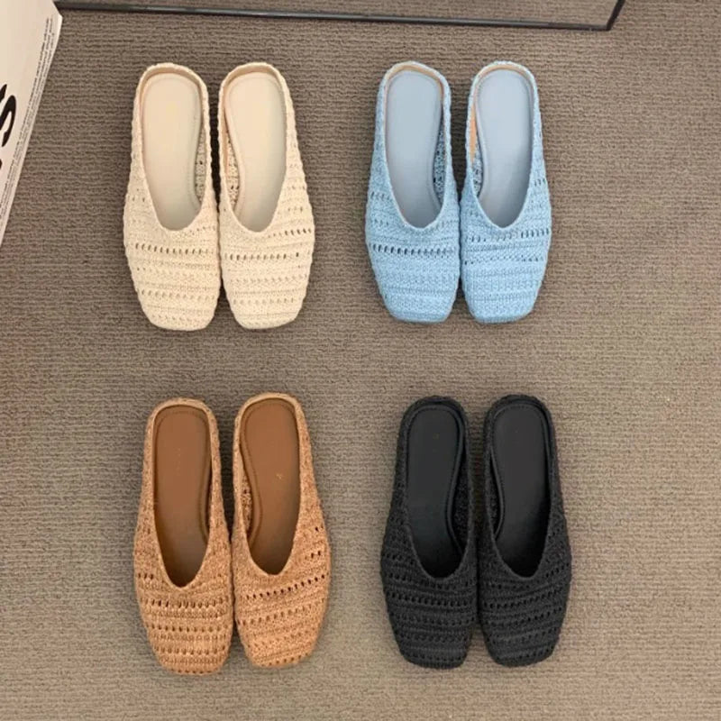LBSFY -Women Mules Slippers Female Summer Flats Sandals Knit Fabric Stretch Slides Holiday Beach Shoes Square Heel Square Toe Flat