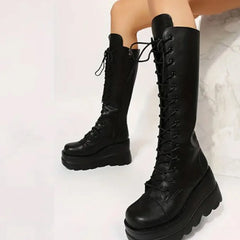 LBSFY -Black Gothic Fashion Round Toe Side Zipper Lace Up Women's Mid Calf Boots New INS Christmas Street Party Shoes Woman