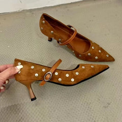 LBSFY  -  Rivet Designer High Heels Women Pointed Toe Elegant Office Women Shoes Spring Autumn Fashion Suede Low Heel Mules Pumps Women