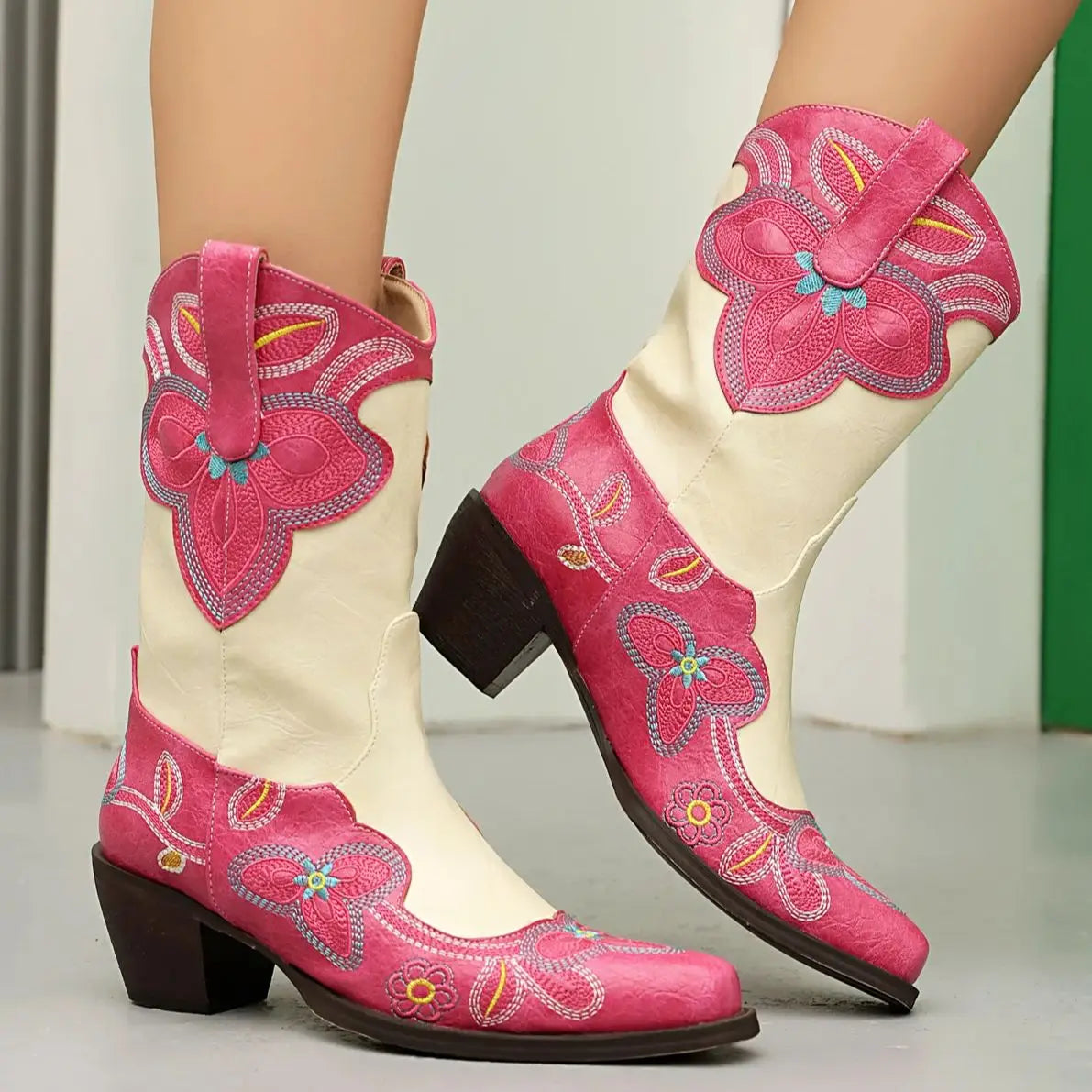 LBSFY  -  Pink Cowboy Boots For Women Embroidered Size 43 Ankle Boots Cowgirl Outfit Shoes