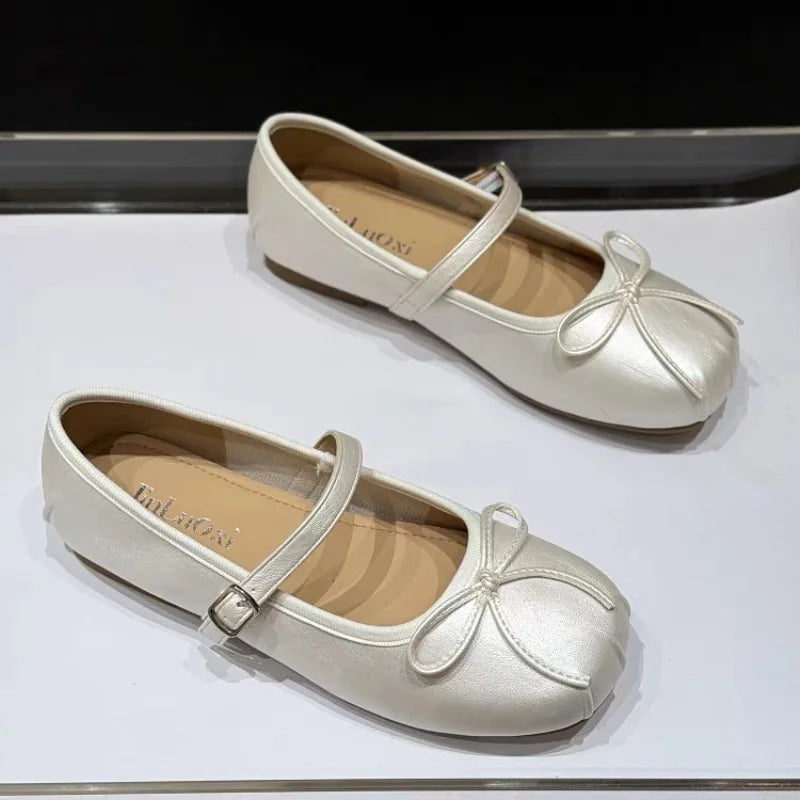 LBSFY -Women's 2025 Women's Flat Leather Shoes with Mary Jane's New Summer Style Pleated Bow All-match Single-layer Shoes