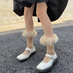 Lbsfy Pink Women Fur Socks Jk Lolita Middle Tube Socks Feather Kawaii Japanese Cotton Funny Cute Pile Socks Cosplay Party Accessories