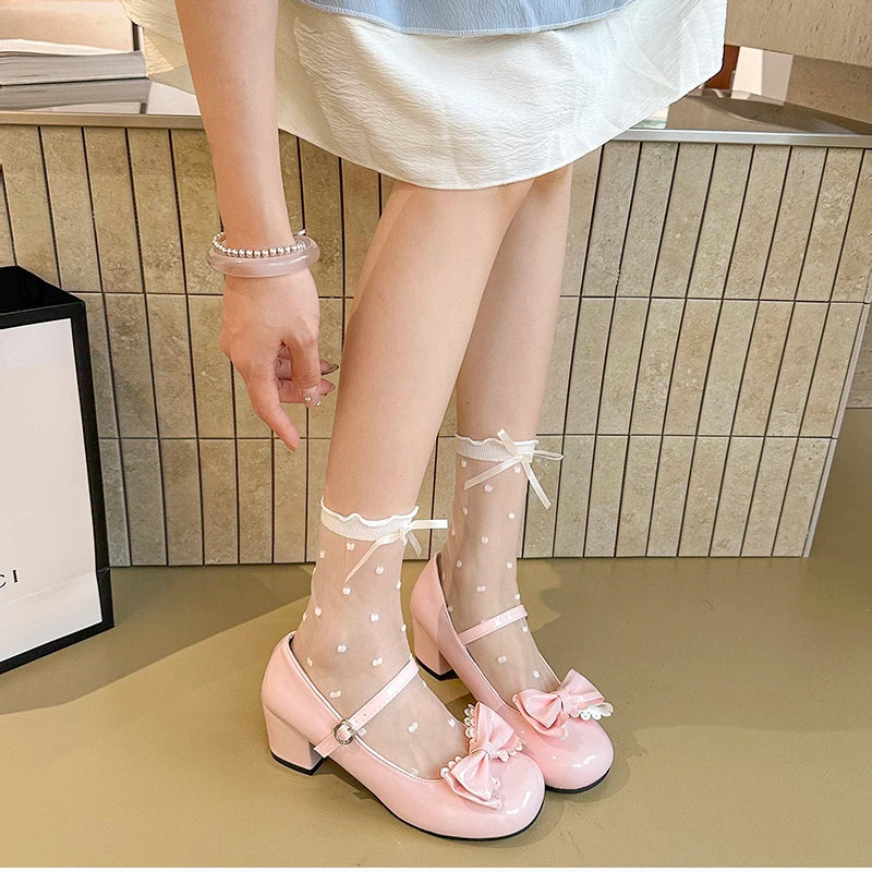 LBSFY -Cute Butterfly-knot Women Lolita Mary Jane Shoes Concise Thick Heel Leather Shoes Ladies Shallow Pumps