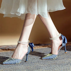 LBSFY  -  Deluxe Pleated Design Pointed Toe High Heels Women 2025 Fashion Pearl Bow Decoration Ankle Strap Women Pumps Elegant Woman Heels