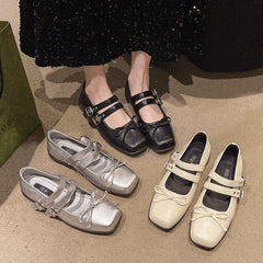 LBSFY -New Style Women's Square Toe Shoes Luxury Bow Flats Ladies Ballet Silver Belt Buckle Footwear Elegant Fashion Mary Jane Shoes