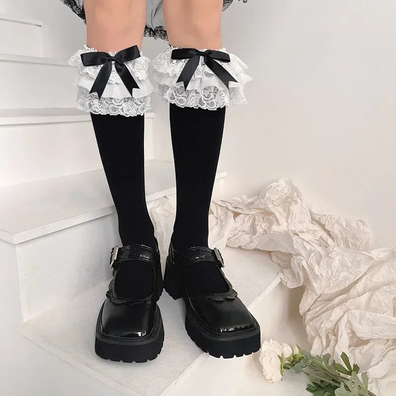 Lbsfy JK Lolita Women Stockings Y2k Girls Ruffle Long Socks Stockings Japanese Style Kawaii Bowknot Cute Lacework Knee Socks Stockings