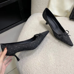 Lbsfy Fashion Elegant High Heels Women Butterfly-knot Pointed Toe Shallow Dress Shoes Comfort Low Heel Office Shoes Zapatos De Mujer