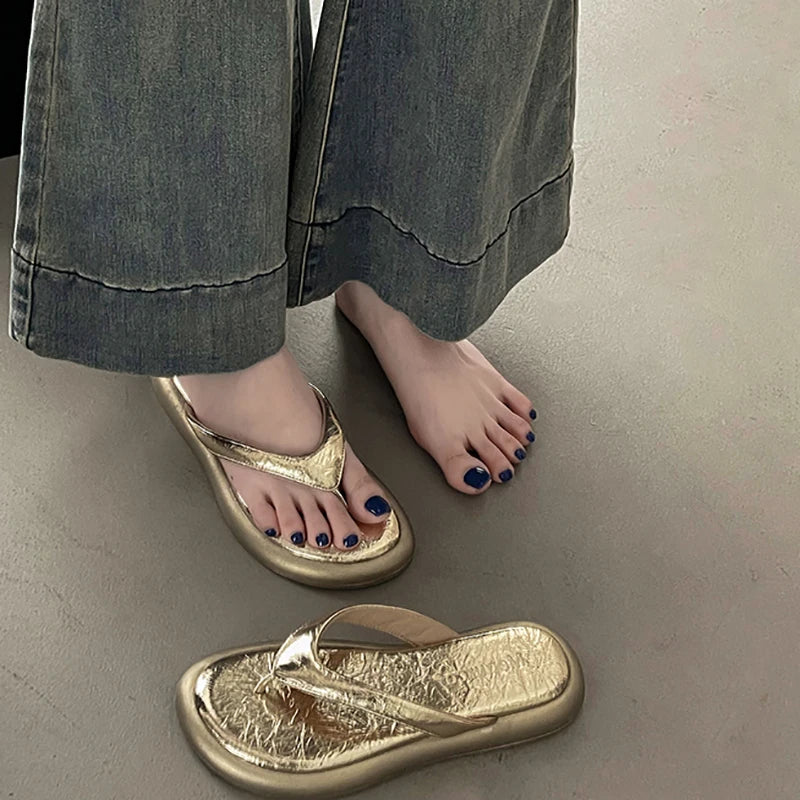 LBSFY  -  2024 Summer Golden Women Slipper Fashion Clip Toe Slip On Ladies Elegant Slides Soft Flat Heel Beach Sandal Flip Flop